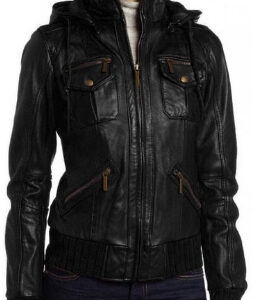 Women's Lambskin Detachable Hooded Leather Bomber Jacket